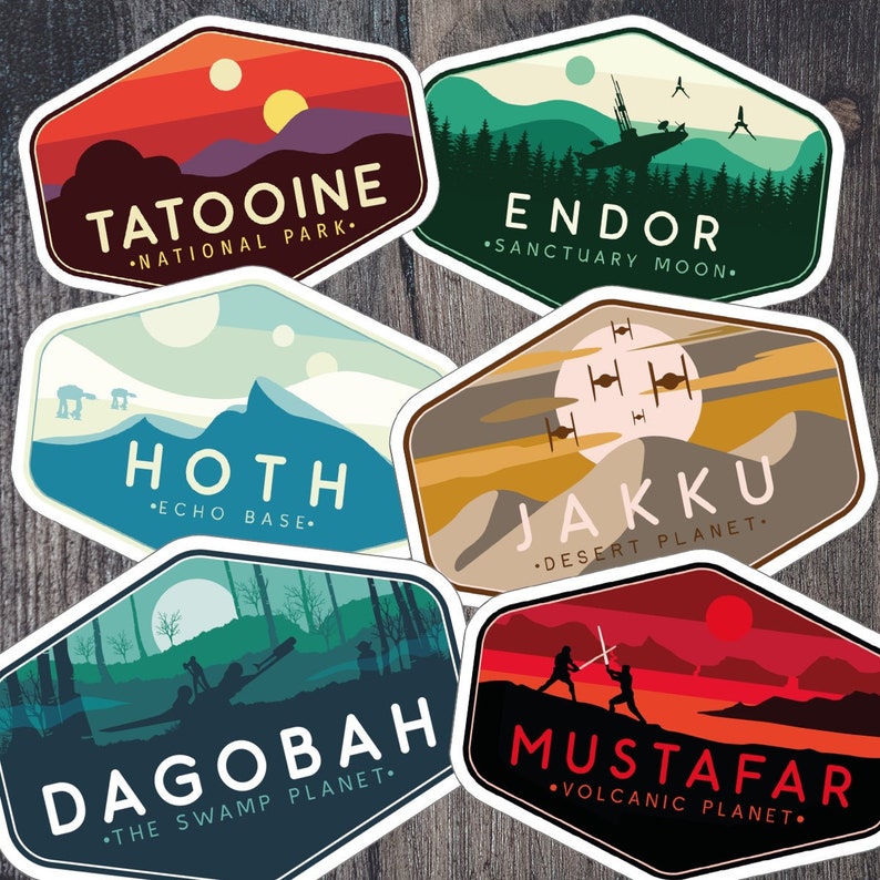 Star Wars Galaxy Stickers, Star Wars Planet Attraction Stickers, Star Wars Locations Stickers, Tatooine, Endor, Kiss Cut, Star Wars Gift image 1