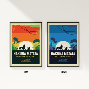 May include: Two printable posters with a retro design featuring a sunset and a night sky with a silhouette of a lion and a warthog. The text on the posters reads "Hakuna Matata National Park. No worries for the rest of your days." The poster on the left is labeled "Day" and the poster on the right is labeled "Night".