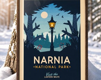 Fantasy Lantern Forest Poster, Vintage Winter Travel Print, Magical Forest Wall Art, Retro National Park Style Decor, Snowy Woodland Art