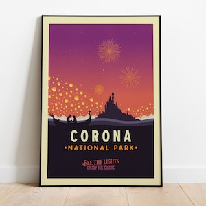May include: A vintage-style poster with a purple and orange gradient background. The poster features a silhouette of a castle with fireworks and lanterns in the sky. The text "Corona National Park" is written in a bold font below the image. The tagline "See the lights, enjoy the sights" is written in a smaller font below the park name.