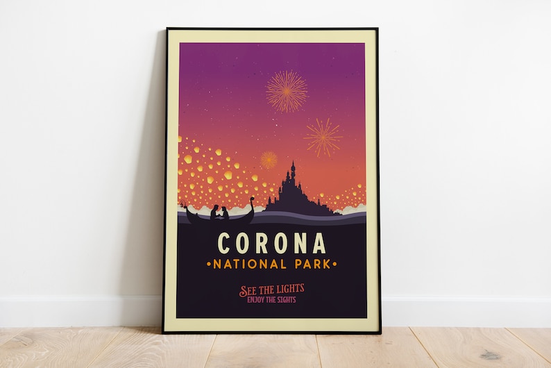 May include: A vintage-style poster with a purple and orange gradient background. The poster features a silhouette of a castle with fireworks and lanterns in the sky. The text "Corona National Park" is written in a bold font below the image. The tagline "See the lights, enjoy the sights" is written in a smaller font below the park name.