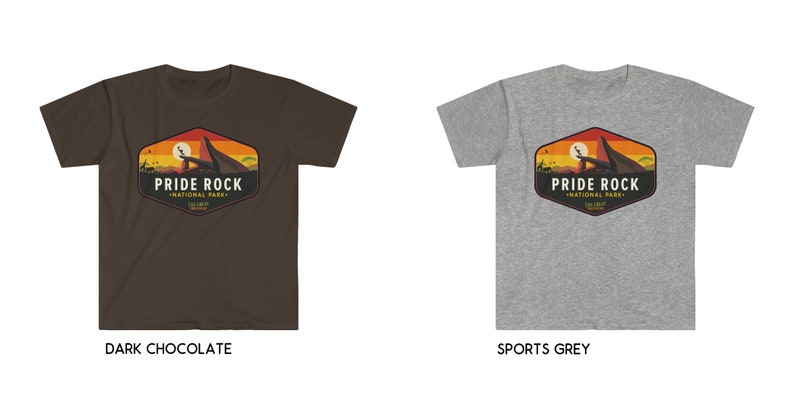 May include: Two t-shirts with a graphic design of a sunset scene with a mountain and the text "Pride Rock National Park" in a vintage style. The t-shirts are available in dark chocolate and sports grey.