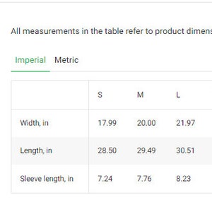 May include: Size guide table showing measurements in inches for a garment in sizes S through 5XL. The table includes measurements for width, length, and sleeve length.