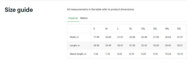 May include: Size guide table showing measurements in inches for a garment in sizes S through 5XL. The table includes measurements for width, length, and sleeve length.