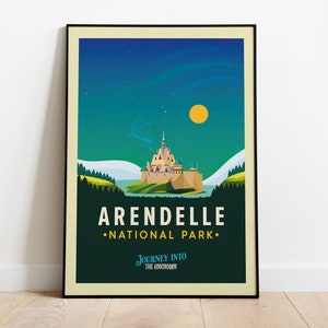 May include: A vintage-style poster with a dark green background featuring a stylized illustration of a castle with a yellow moon and a starry night sky. The text "Arendelle National Park" is in a retro font with a yellow border. The text "Journey into the Unknown" is in a smaller font below the park name.