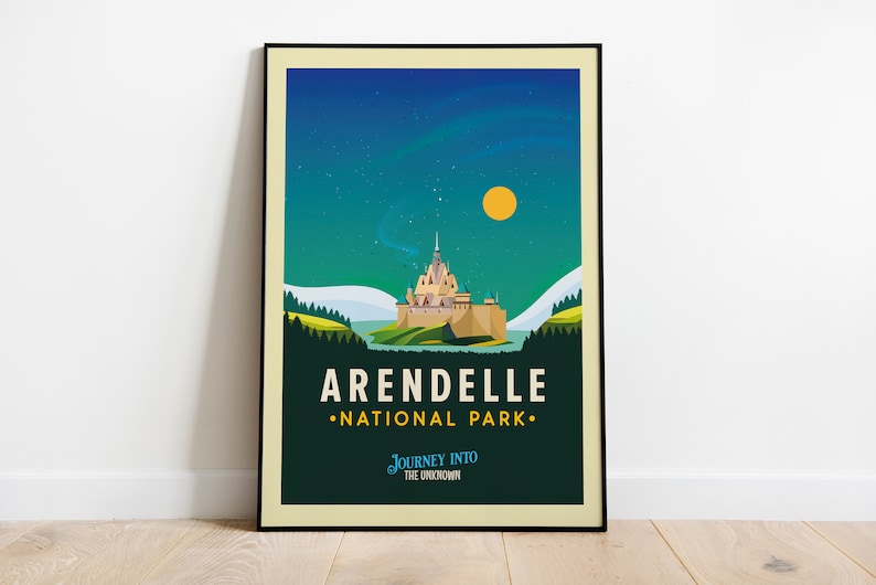 May include: A vintage-style poster with a dark green background featuring a stylized illustration of a castle with a yellow moon and a starry night sky. The text "Arendelle National Park" is in a retro font with a yellow border. The text "Journey into the Unknown" is in a smaller font below the park name.