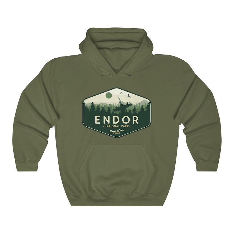 Star Wars Hoodie, Endor National Park Hoodie, Star Wars Geek Parody Hoodie, Endor Hoodie, Unisex, Skywalker, Star Wars Gift, Sweatshirt Military Green