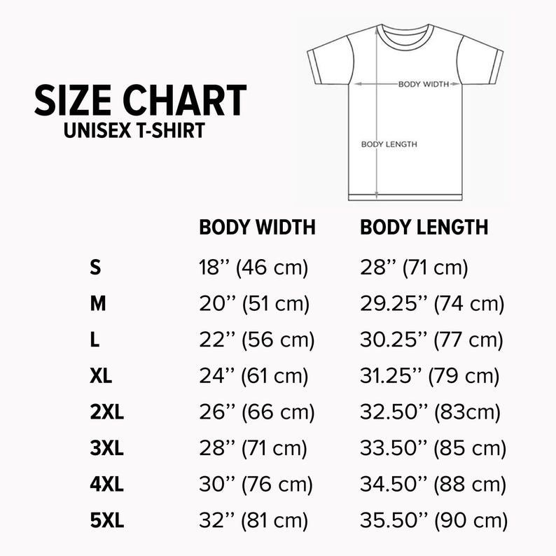 May include: A white size chart for unisex t-shirts, with measurements in inches and centimeters. The chart includes body width and length for sizes S to 5XL, with body widths ranging from 18" (46 cm) to 32" (81 cm).