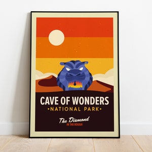 May include: A retro-style poster with a blue tiger head in the center, set against a sunset background. The text reads "Cave of Wonders - National Park - The Diamond in the Rough."