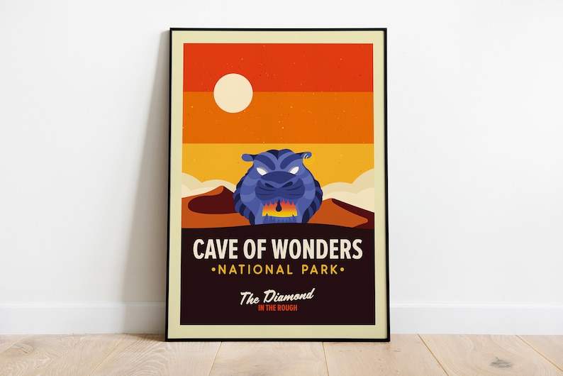 May include: A retro-style poster with a blue tiger head in the center, set against a sunset background. The text reads "Cave of Wonders - National Park - The Diamond in the Rough."