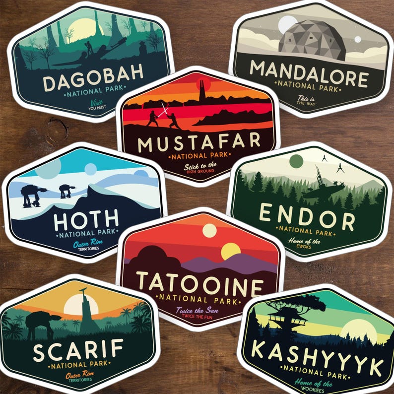 Star Wars Planets Travel Waterproof Stickers, Star Wars Stickers, Tatooine, Endor, Hoth, Mustafar, Mandalore, Kashyyyk, Star Wars Gift image 1