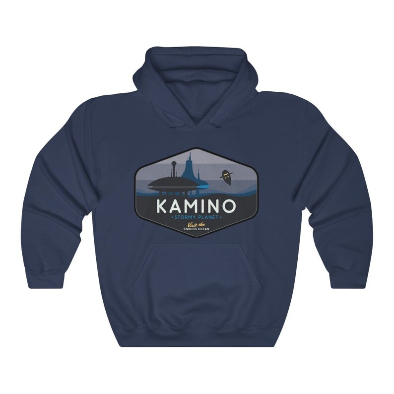 May include: Navy blue hooded sweatshirt with a graphic of a city on a planet with the text "KAMINO - STORMY PLANET - Visit the ENDLESS OCEAN".