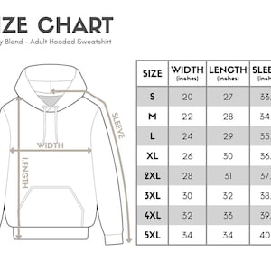 May include: Size chart for a Heavy Blend adult hooded sweatshirt. The chart shows measurements in inches for width, length, and sleeve length, ranging from size S to 5XL. The diagram illustrates where each measurement is taken on the garment.