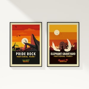 May include: Two retro-style posters with a sunset background. The first poster features a silhouette of Pride Rock from The Lion King with the text "Pride Rock National Park. The Great Circle of Life". The second poster features a silhouette of the Elephant Graveyard from The Lion King with the text "Elephant Graveyard National Park. Discover the Shadowy Place".