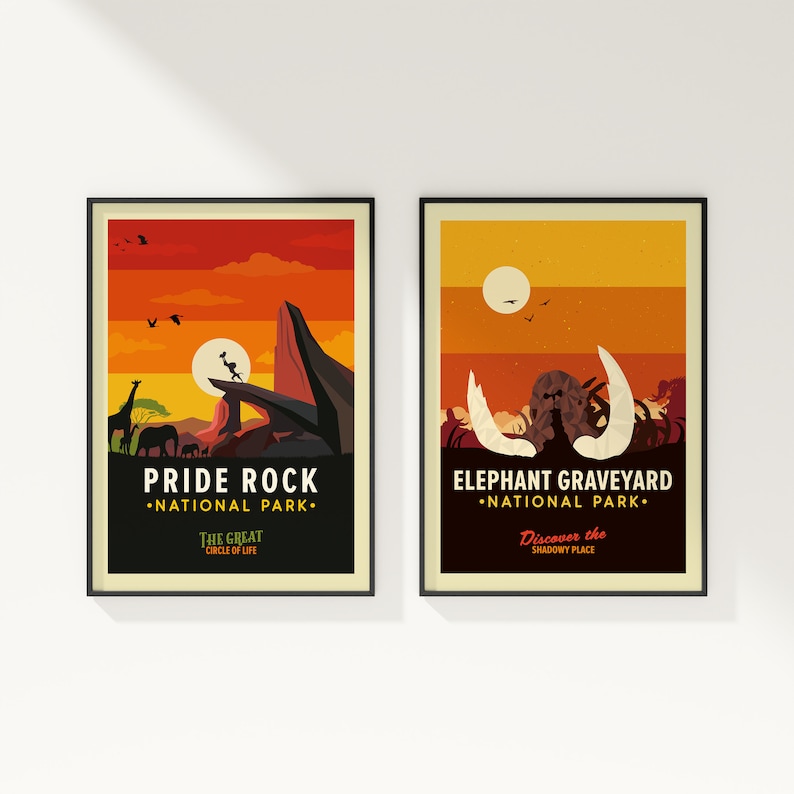 May include: Two retro-style posters with a sunset background. The first poster features a silhouette of Pride Rock from The Lion King with the text "Pride Rock National Park. The Great Circle of Life". The second poster features a silhouette of the Elephant Graveyard from The Lion King with the text "Elephant Graveyard National Park. Discover the Shadowy Place".