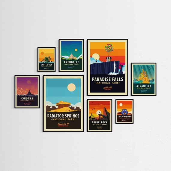Disney National Park Posters, Disney Posters, Disney Location Posters, Disney Travel Posters, Paradise Falls, Pride Rock, Disney Wall Art