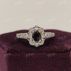 1930s Vintage 1.60ct Black Oval Cut Diamond engagement wedding ring in 925 sterling silver,antique engagement rings,art deco ring,halo ring
