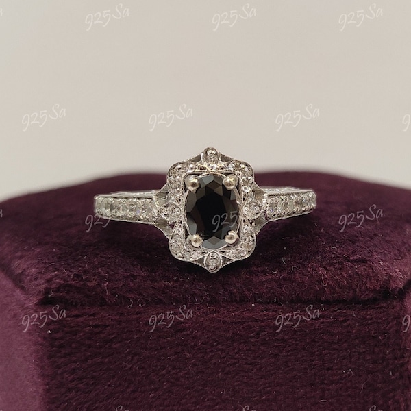 1930s Vintage 1.60ct Black Oval Cut Diamond engagement wedding ring in 925 sterling silver,antique engagement rings,art deco ring,halo ring