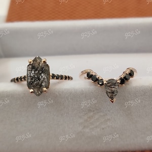 2.30ct Salt and pepper Hexagon cut Diamond engagement wedding ring set in 925 sterling silver, Salt and pepper Ring, bridal ring set, gifts