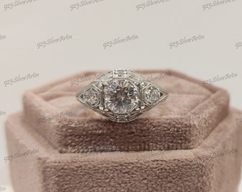 Vintage 2.30Ct weißer runder Diamant-Verlobungsring in 925er Sterlingsilber, Solitärring, antiker Verlobungsring, Art-Deco-Ring