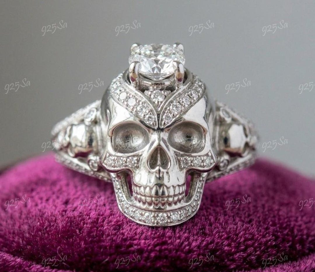 Skull Ring, Sterling Silver Skull Ring, Moissanite Stone Ring, Men's ...