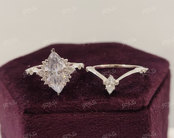 1930s Vintage 2.20ct white Marquise Cut engagement wedding ring set in 925 sterling silver, antique engagement rings, bridal ring set, gifts