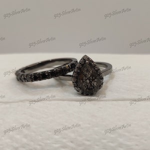 2.20 carat salt and pepper Pear cut diamond engagement wedding ring set in 925 sterling silver, salt and peppr ring, bridal ring set, gifts