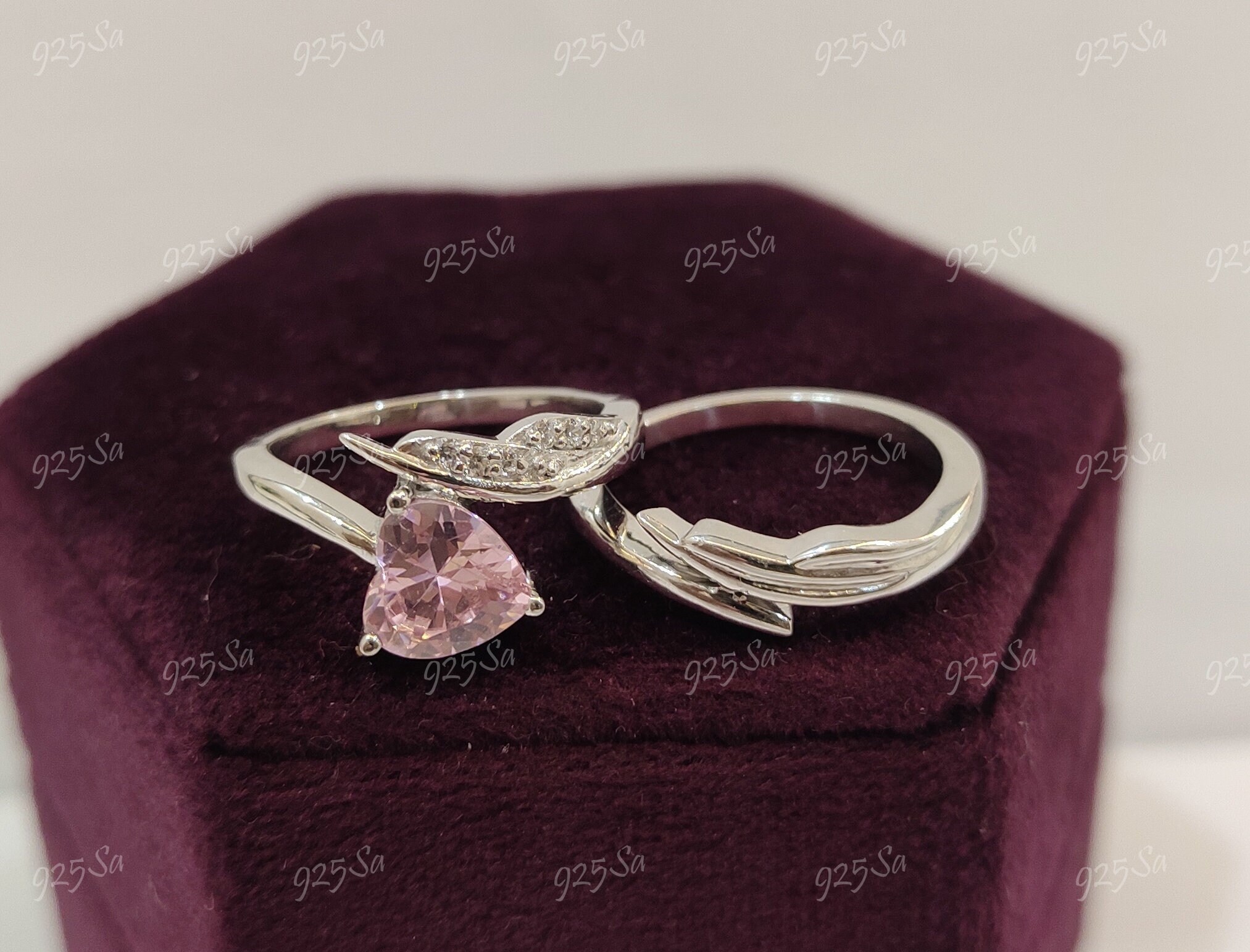 2.20ct Pink Heart Cut Engagement Wedding Ring Set in 925 Sterling ...