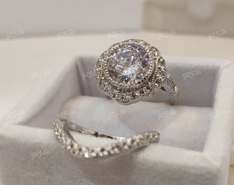 1930s Vintage 2.20ct white Round Cut Diamond Engagement wedding Ring set in 925 Sterling Silver, Antique Engagement Rings, Bridal ring set