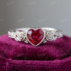 jaren 1930 vintage 2,30 kt rood robijnrode hart verlovingsring in 925 sterlingzilver, antieke verlovingsringen, art-decoring, geschenken, valentijnskaarten