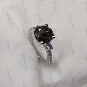 2.20 carat salt and pepper Round cut diamond wedding engagement ring in 925 sterling silver, salt and peppr ring, three stone ring, gifts