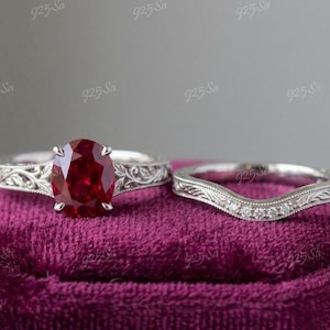 1930s Vintage 2.20ct Red Ruby Oval Cut engagement wedding ring set in 925 sterling silver, antique engagement rings, bridal ring set, gifts