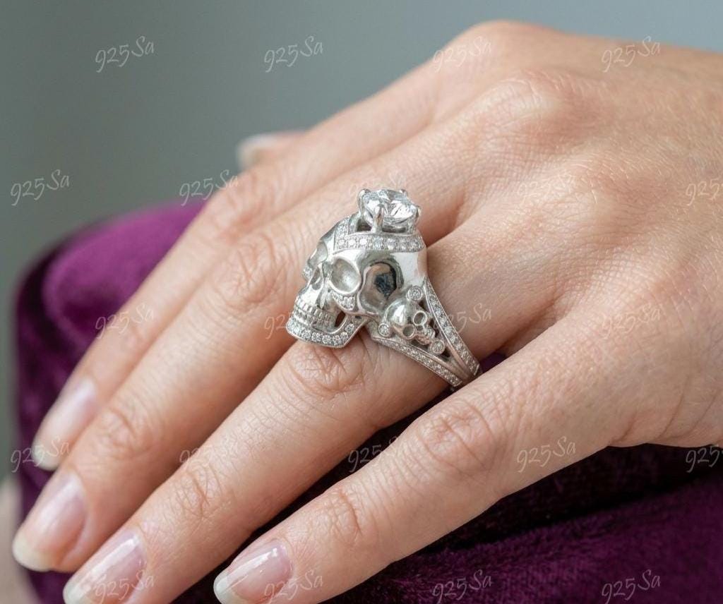 Skull Ring, Sterling Silver Skull Ring, Moissanite Stone Ring, Men's ...