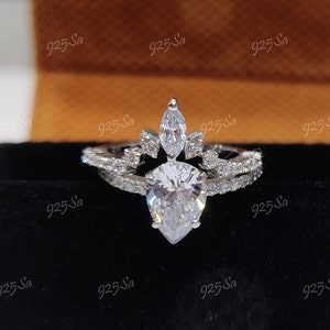 Anel de noivado de casamento com corte de pêra branco de 2 quilates definido em prata esterlina 925, anel solitário, anel para mulheres, anel de noivado de pêra, conjunto de noiva