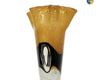 Vintage Murano Glass Vase made in Italy in 70s, minimalist style design with gold, black and transparent color, perfect as centerpiece