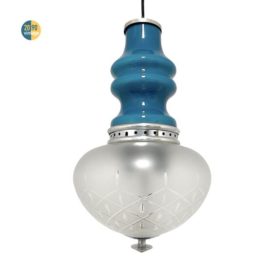 Lampadario Lampada a sospensione vintage anni 70, space age, vetro blu metallo cromato, Italia