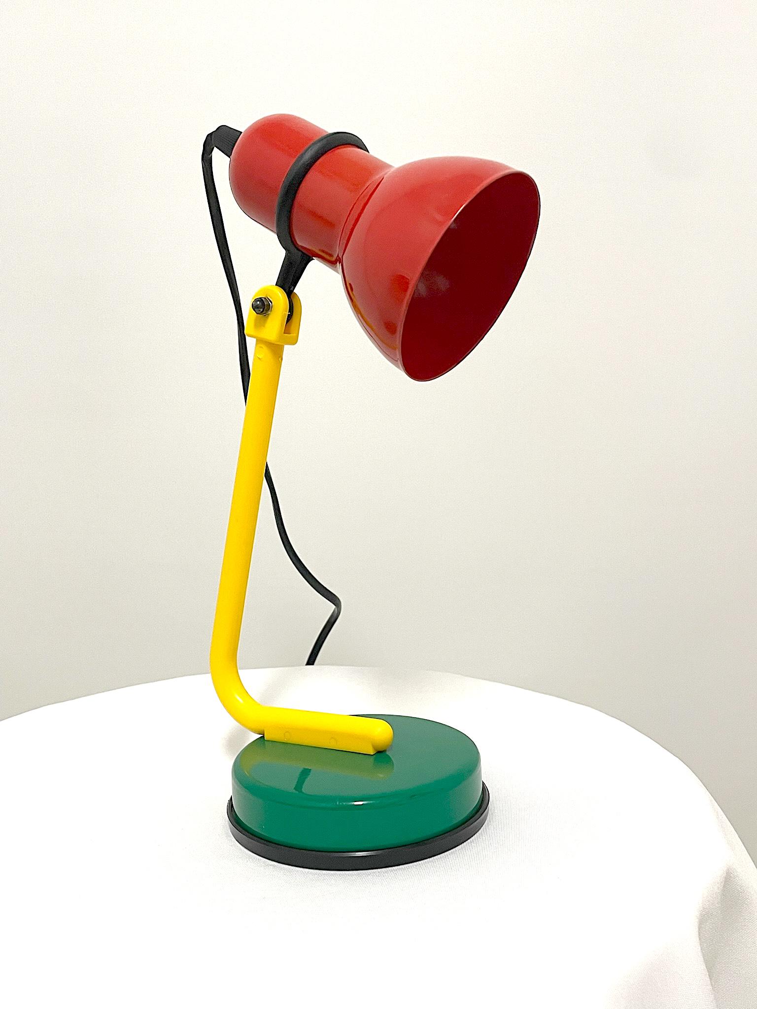 Vintage 90s Table Lamp in Enamelled Metal in Green Yellow Red