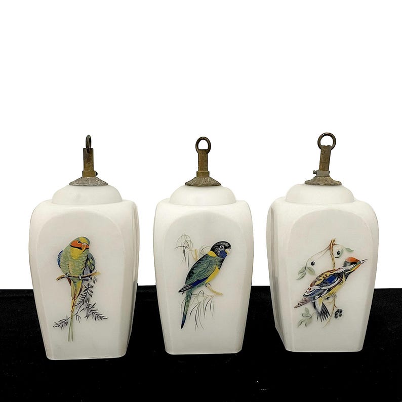 May include: Three white porcelain bottles with brass tops, each decorated with a different colourful bird illustration. The birds are perched on branches, displaying a variety of vibrant colours. The bottles have a classic, elegant design.