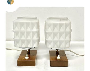 Vintage Bedside Lamps, Mid-Century Retro Wood & Opaline Glass, Pair of 50&#39;s Table Lights, Unique Home Decor