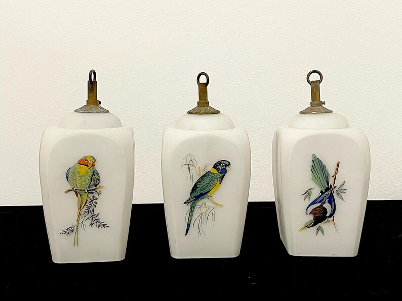 May include: Three white, square decorative jars with brass lids. Each jar has a different colourful bird illustration. The birds are perched on branches with green leaves. The jars are arranged in a row.