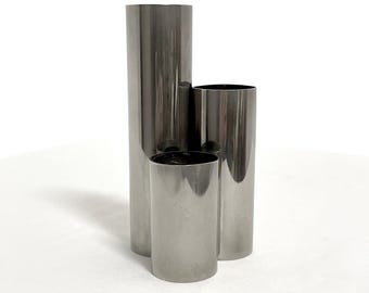 Small steel vase, tubular, single flower, space age style, 70s , italian design, minimalist