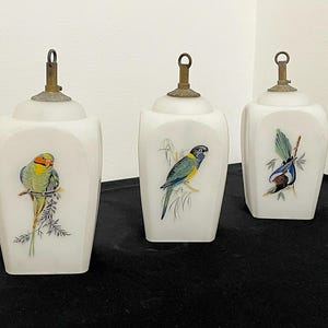 May include: Three white, square-shaped decorative jars with brass-coloured tops. Each jar features a different colourful bird illustration on the front. The birds are perched on branches with green leaves. The jars are displayed on a black surface.