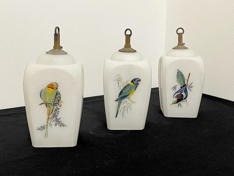 May include: Three white, square-shaped decorative jars with brass-coloured tops. Each jar features a different colourful bird illustration on the front. The birds are perched on branches with green leaves. The jars are displayed on a black surface.