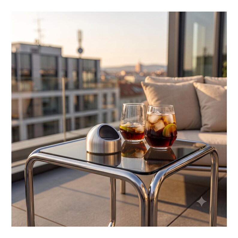 May include: A square side table with a chrome metal frame and a dark glass top. On the table are two stemless glasses filled with a dark liquid, ice cubes, and lime wedges, alongside a small, dome-shaped brushed metal object with an opening.