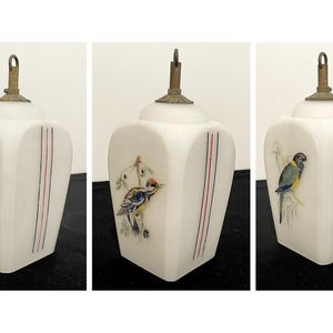May include: White, hexagonal decorative jars with brass tops. Each jar has a hand-painted bird illustration and vertical red and blue stripes. The birds are depicted in various colours, including blue, yellow, and green.