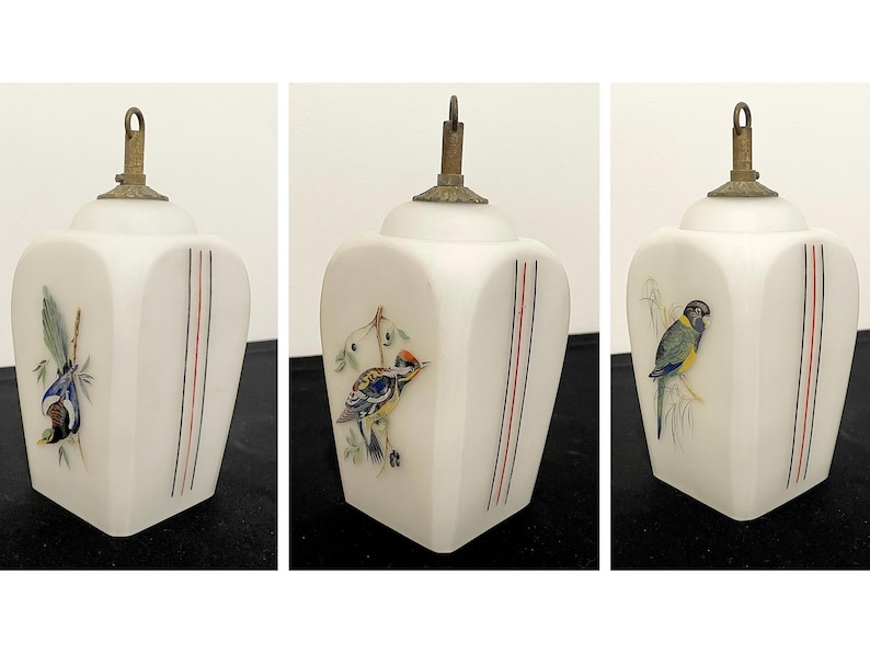 May include: White, hexagonal decorative jars with brass tops. Each jar has a hand-painted bird illustration and vertical red and blue stripes. The birds are depicted in various colours, including blue, yellow, and green.