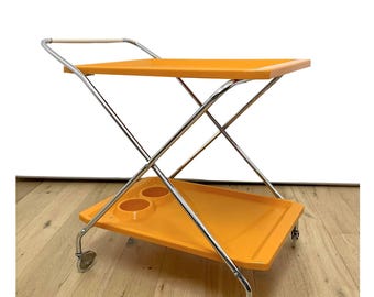Carrito de bar vintage de 2 niveles, estilo años 70, plástico naranja, fabricado en Italia, plegable.