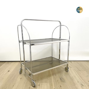Vintage Bremshey opvouwbare voedseltrolley uit de jaren 70, gemaakt in Duitsland, twee niveaus en vier wielen, bar- en keukentrolley, eethoekje