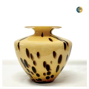 Authentic Vintage Murano Glass Vase made in Italy in 70s, collectible vase perfect as centerpiece, handmade glass yellow and brown color