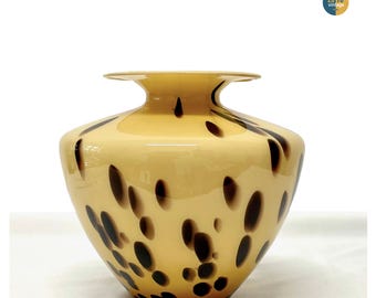 Authentic Vintage Murano Glass Vase made in Italy in 70s, collectible vase perfect as centerpiece, handmade glass yellow and brown color